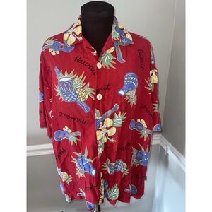 Vintage Esprit De Corp‎ Shirt Men's Large Red Hawaiian Pineapples Drums Ukuleles